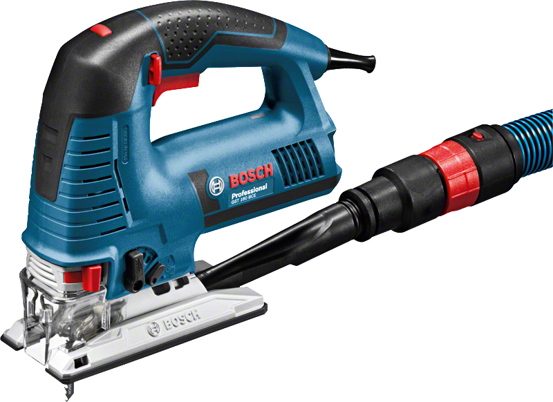 よりきれいな切断作業のために集塵ホースに接続された電動ジグソー。.