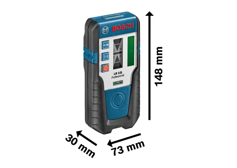 Bosch LR 1G レーザー レシーバーのサイズ寸法を示します。.