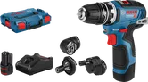 Bosch GSR 10.8V-35 FC コードレス ドリル セット (アタッチメント付き)。