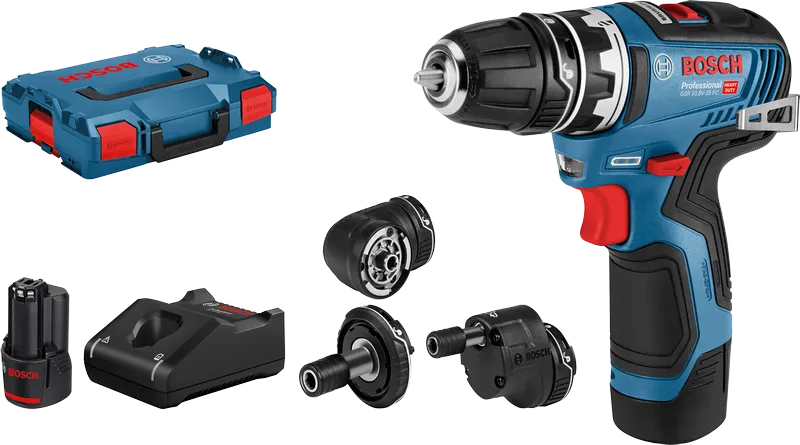 Bosch GSR 10.8V-35 FC コードレス ドリル セット (アタッチメント付き)。