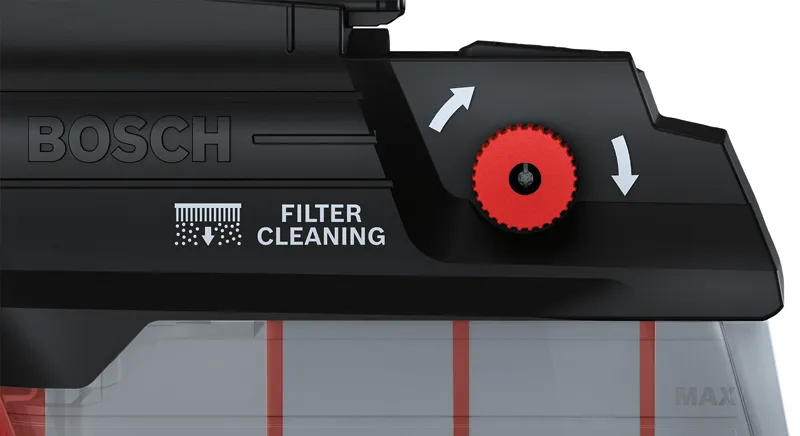 フィルタークリーニングノブを備えたBosch GDE 28 D 集塵機。.