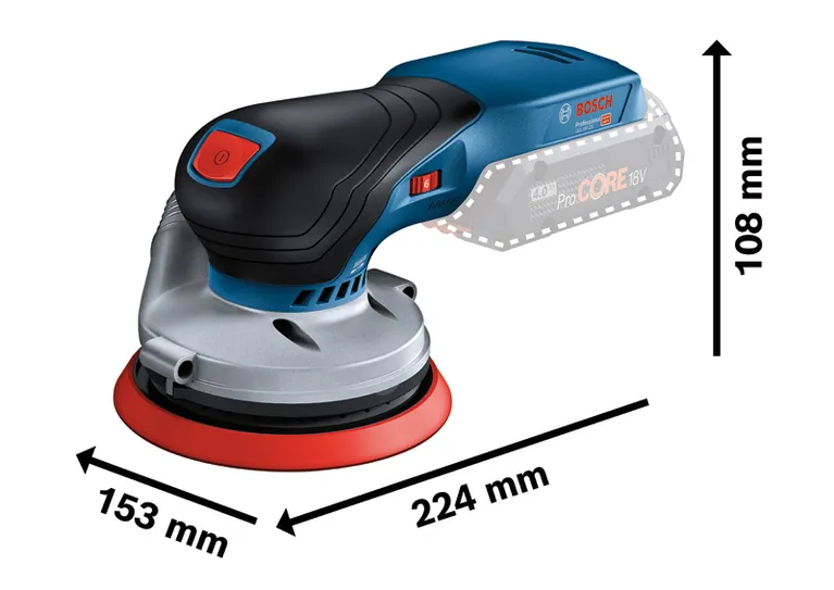 Bosch GEX 18V-125 コードレスランダムオービットサンダーの寸法を示します。.