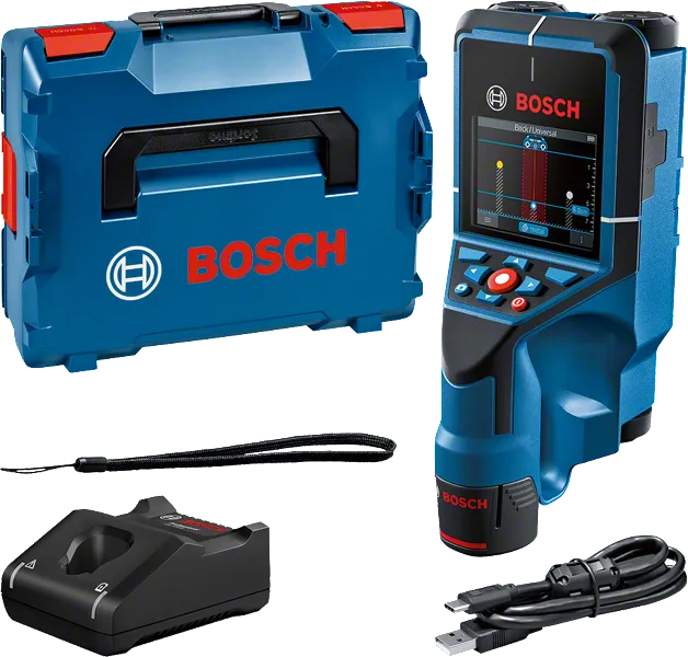 ディスプレイとアクセサリを備えたBosch D-Tect 200 C 壁スキャナー。.