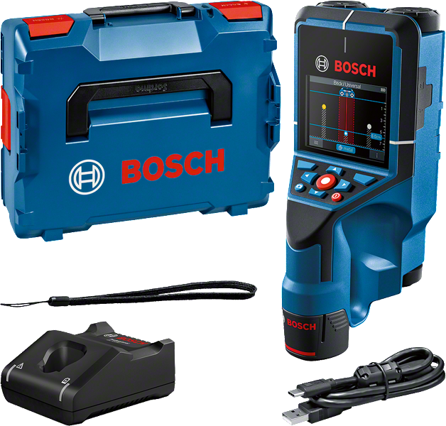 ディスプレイとアクセサリを備えたBosch D-Tect 200 C 壁スキャナー。.