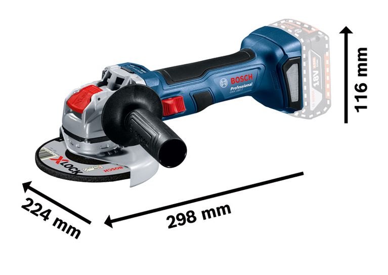 Bosch GWX 18V-7 アングルグラインダー（X-LOCK 付き、長さ 298 mm）。.