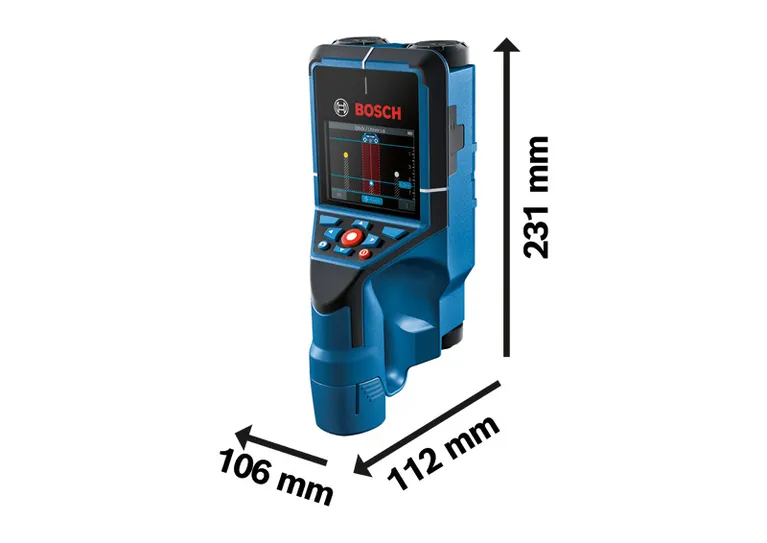 寸法が図示されているBoschウォールスキャナーD-tect 200 C検出器。