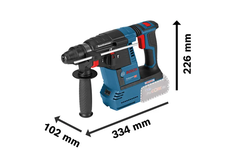 Bosch GBH 18V-26 回転ハンマードリルの寸法を示します。.