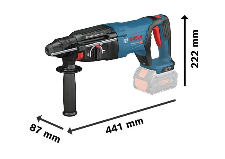 BoschGBH 18V-26 D コードレス回転ハンマーの寸法。