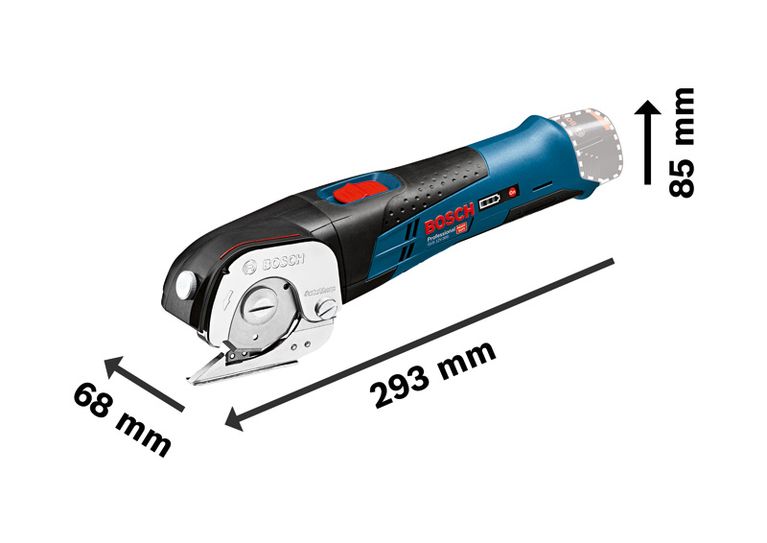 Bosch GUS 12V-300 コードレスユニバーサルシアー（寸法付き）。.