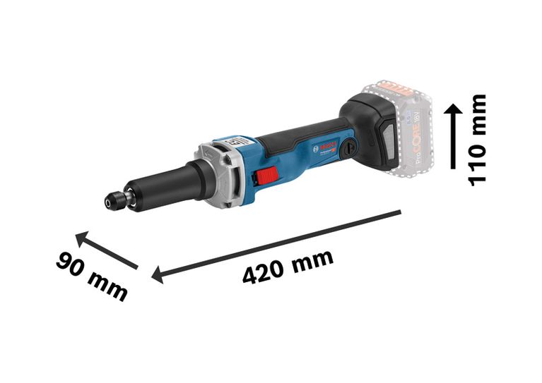 Bosch GGS 18V-23 LC コードレスストレートグラインダーの寸法。.