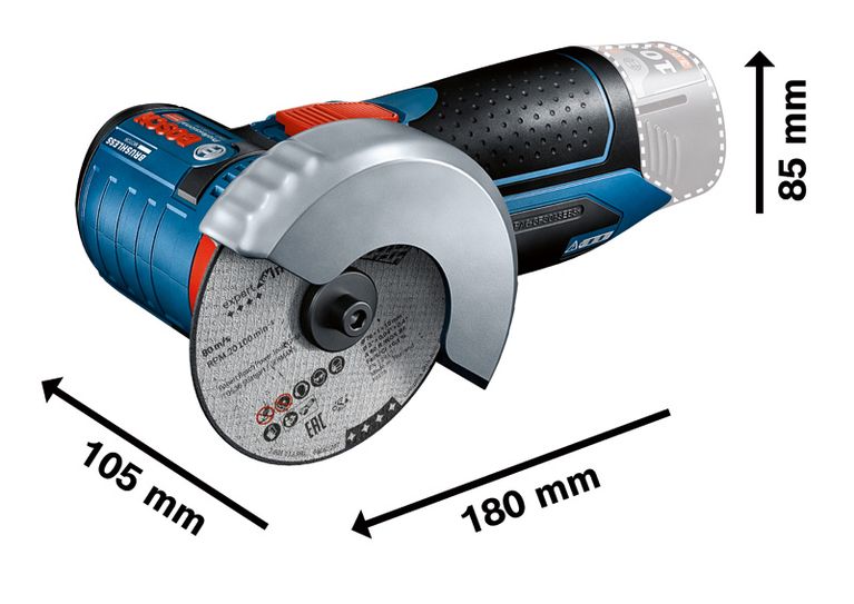 Bosch GWS 10.8V-76 コードレス アングル グラインダーの寸法。.