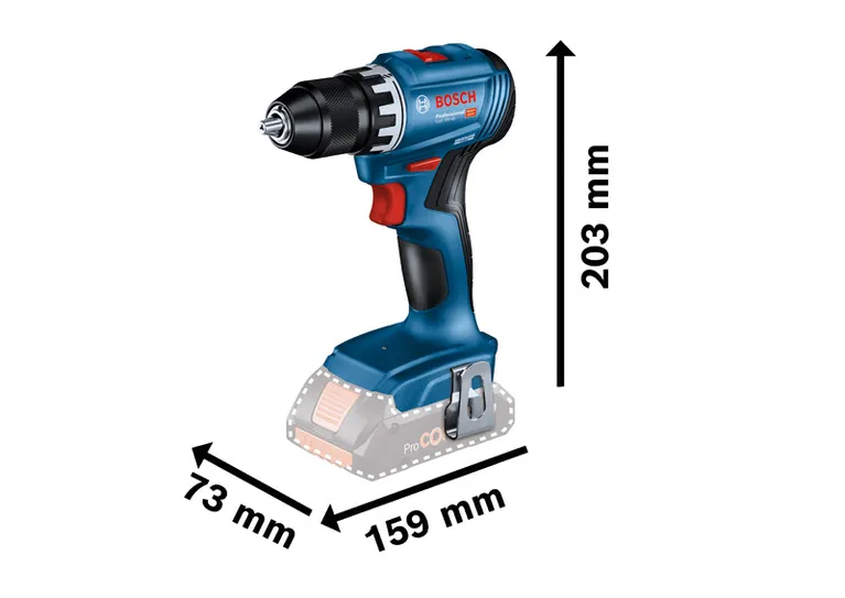 Bosch GSR 18V-45 コードレスドリル、高さ 203 mm。.