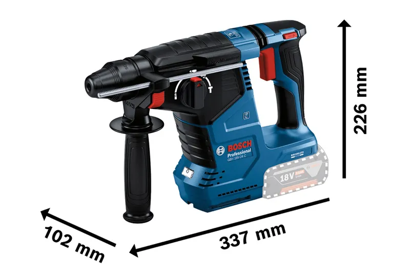 Bosch GBH 18V-24 C コードレスロータリーハンマーの寸法。.