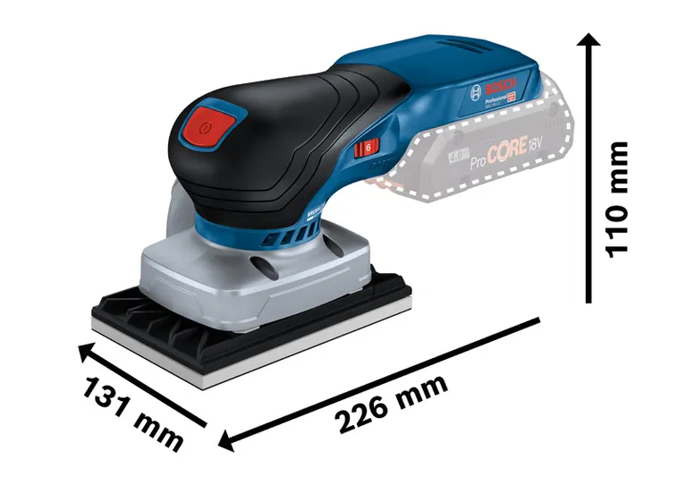 Bosch GSS 18V-13 コードレス オービタル サンダーの寸法。.