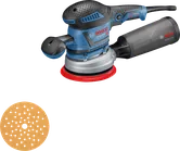 ダストボックスとサンディングディスクを備えたBosch GEX 40-150サンダー。.