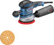 ダストボックスとサンディングディスクを備えたBosch GEX 40-150サンダー。.