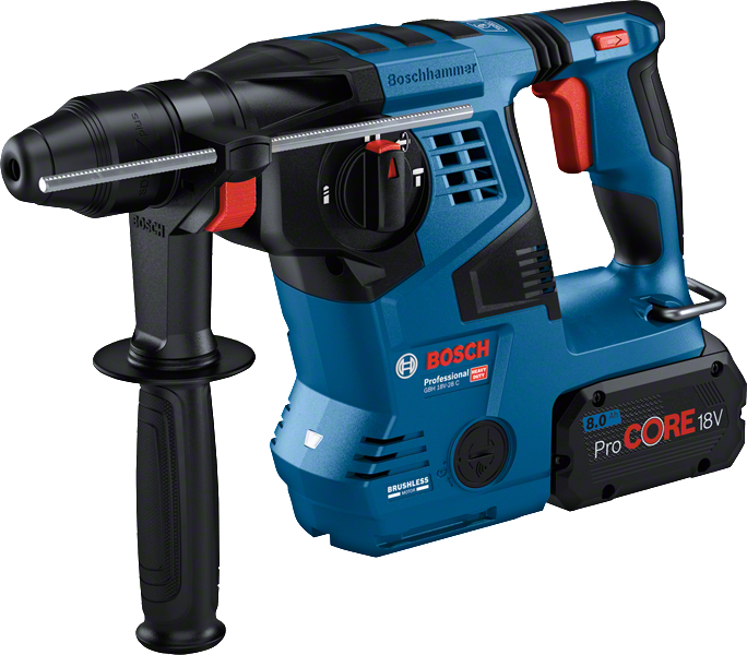 8Ah バッテリー搭載のBosch GBH 18V-28 C ロータリーハンマー。.