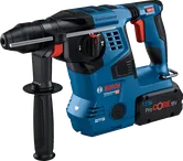 8Ah バッテリー搭載のBosch GBH 18V-28 C ロータリーハンマー。