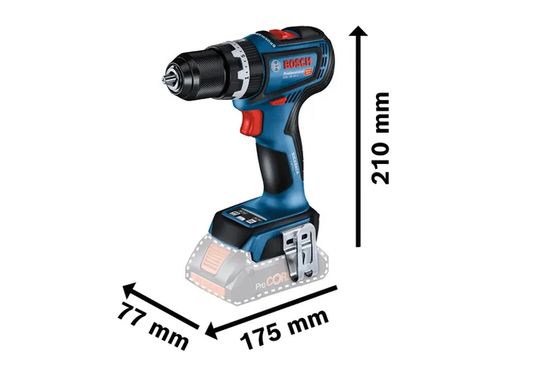 Bosch GSB 18V-90 C コードレスコンビドリルのサイズ寸法。.