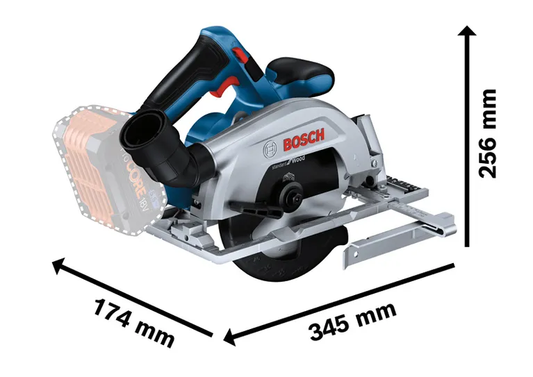 Bosch GKS 18V-57-2 コードレス丸鋸の寸法。.