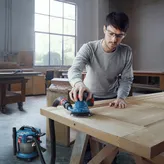 安全装備を身に着けた人が、接続されたオービタルサンダーで木製のドアを研磨しています。.