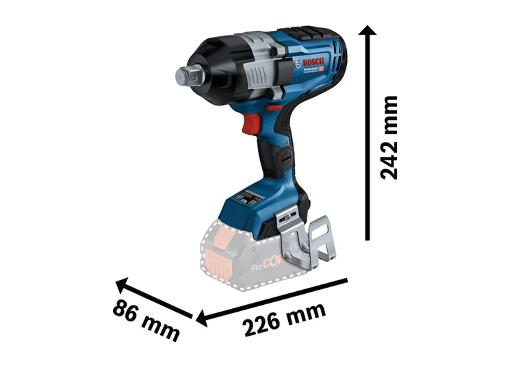 Bosch GDS 18V-1600 HC コードレスインパクトレンチの寸法。.