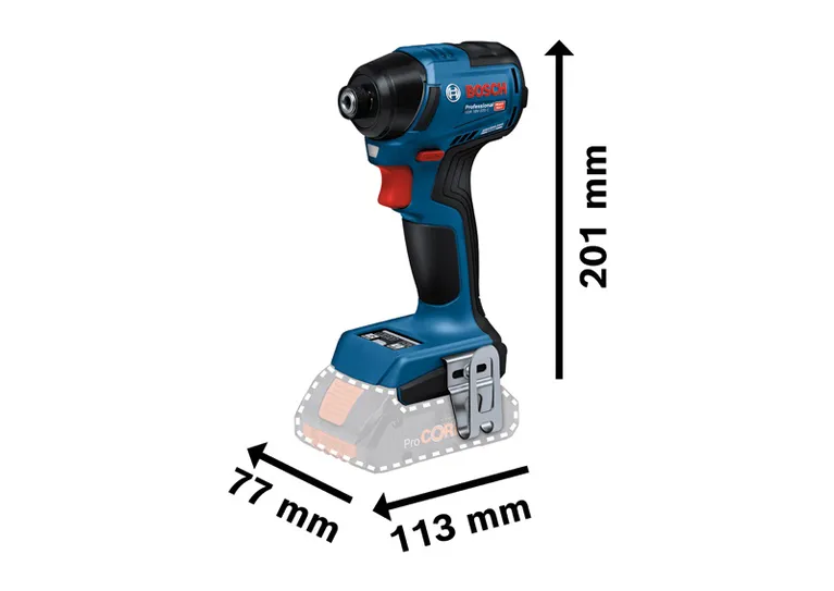 Bosch GDR 18V-220 C インパクトドライバー、高さ 201 mm。.