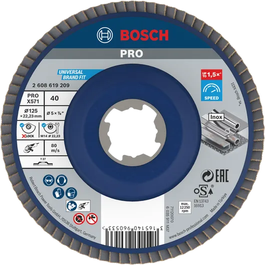 Bosch PRO X571 フラップ ディスク 125 mm G40 X-Lock (Inox 用)。.