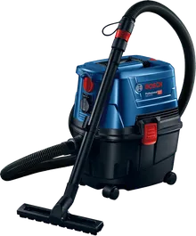 Bosch GAS 15 PS 湿式乾式抽出機（ホース付き）。