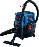 Bosch GAS 15 PS 湿式乾式抽出機（ホース付き）。