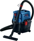 Bosch GAS 15 PS 湿式乾式抽出機（ホース付き）。