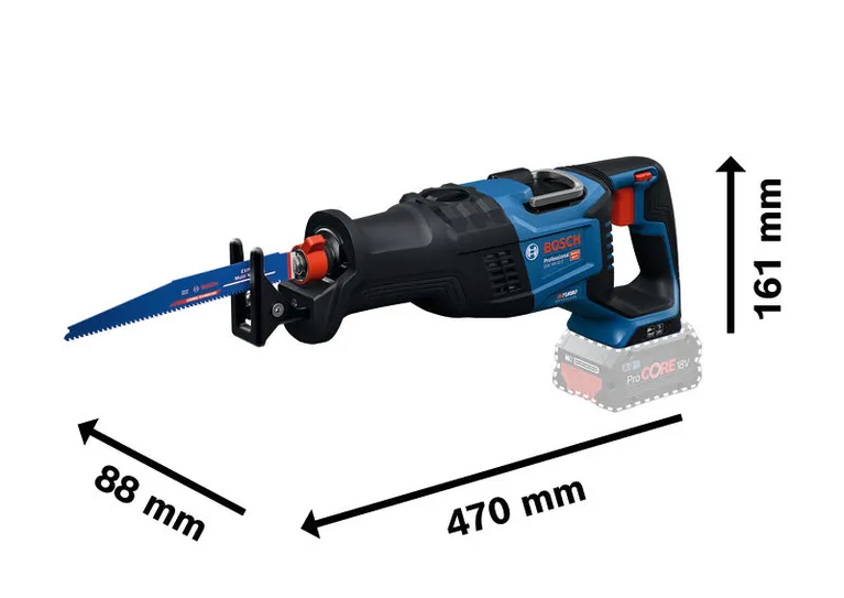 Bosch GSA 18V-32-2 レシプロソーのサイズ寸法。.