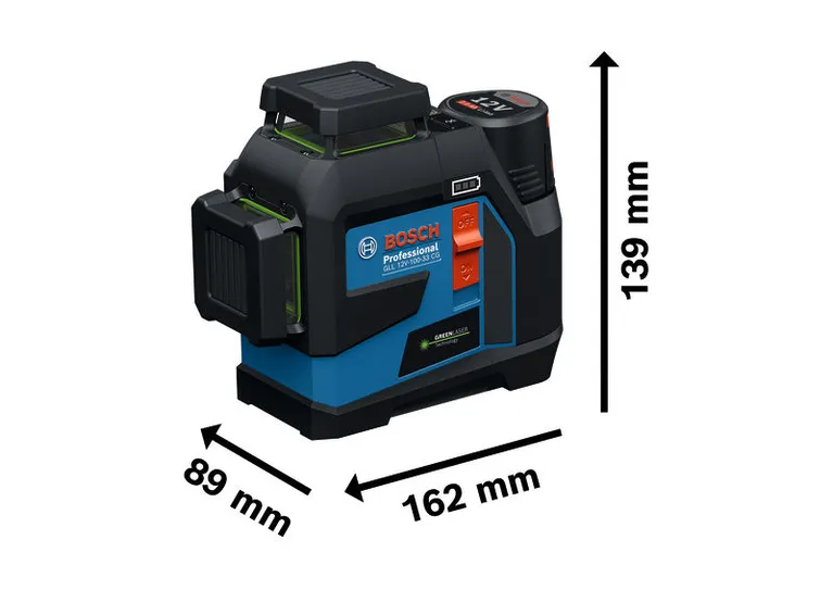 Bosch GLL 12V-100-33 CG レーザー レベリング ツールの寸法。.