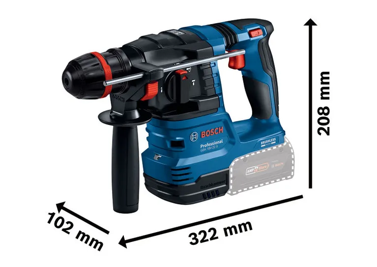 Bosch GBH 18V-22 X 回転ハンマードリルのサイズ寸法。