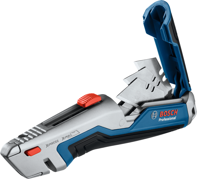 刃を収納できるコンパートメントを備えたBoschの折りたたみ式ユーティリティナイフ。