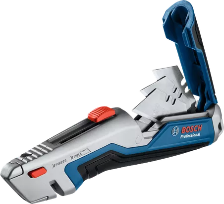 格納式ユーティリティカッター 刃を収納できるコンパートメントを備えたBoschの折りたたみ式ユーティリティナイフ。