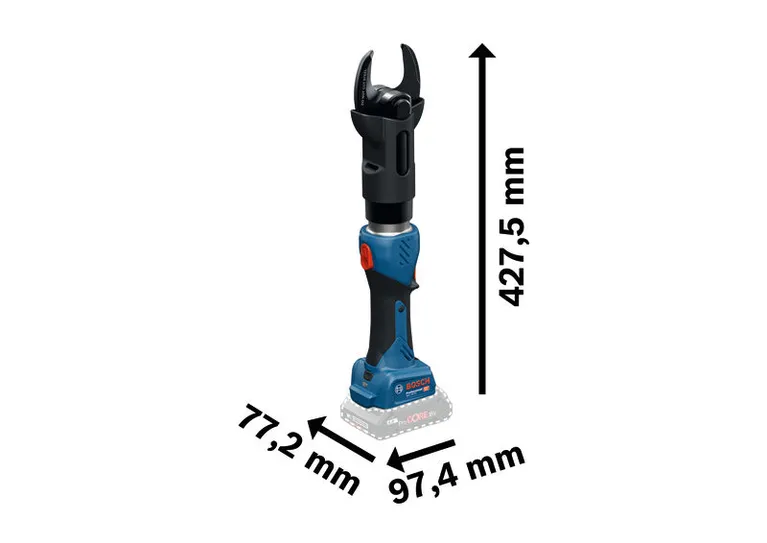 Bosch GKH 18V-50 コードレス油圧切断工具、寸法を表示。