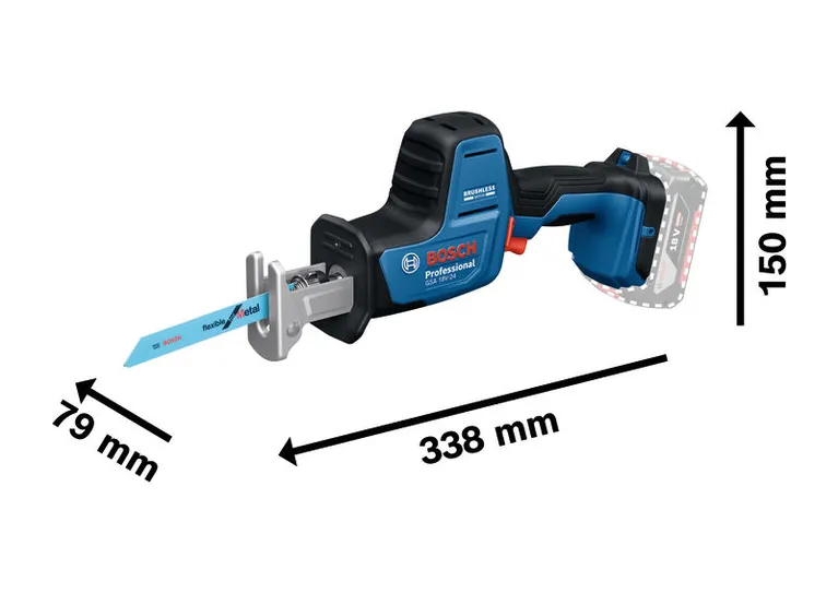 Bosch GSA 18V-24 レシプロソーの寸法を示します。