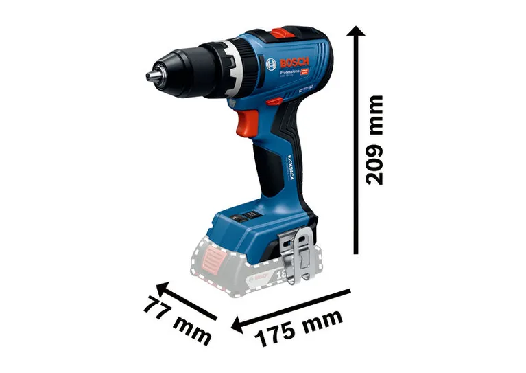 Bosch GSB 18V-65 コードレスドリル、高さ 209 mm。.