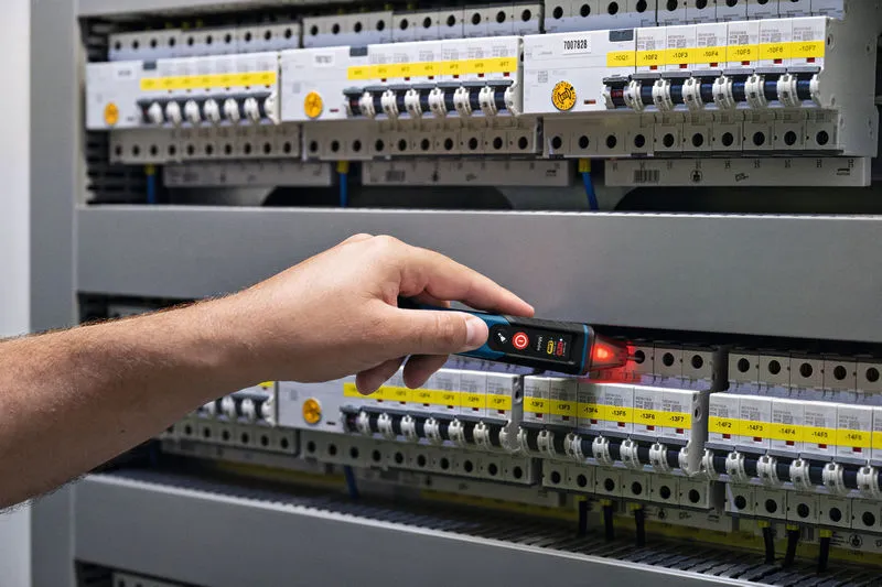 非接触型電圧テスターを使用して電気パネルをテストしている人。.