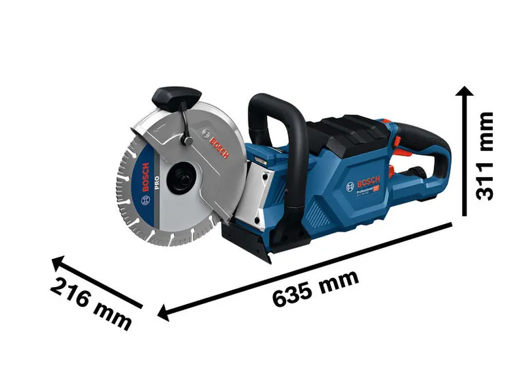 BoschGCS 18V-230 コードレス切断・研削工具（寸法付き）。