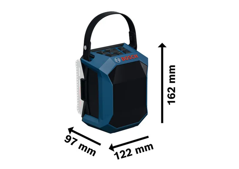 ハンドル付きのBoschGPB 18V-1現場用ラジオと寸法。