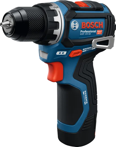 ブラシレスモーターを搭載したBosch GSR 12V-32 コードレス ドリル ドライバー。.