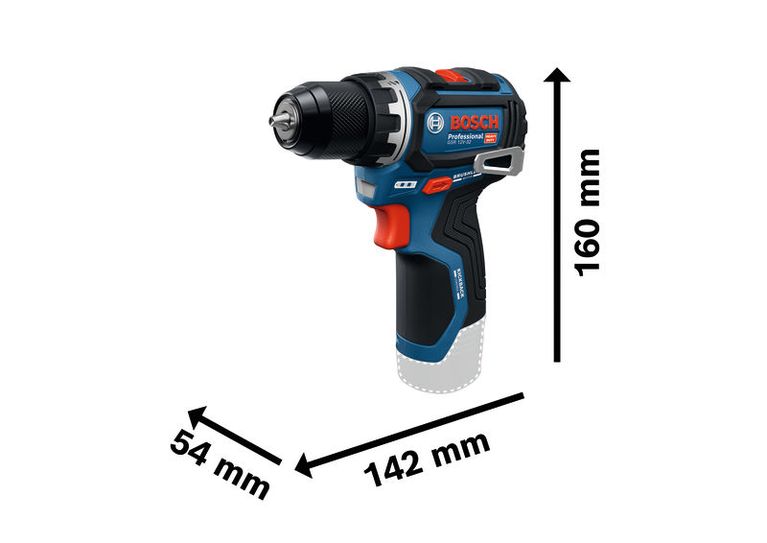 Bosch GSR 12V-32 コードレス ドリルの寸法を示します。