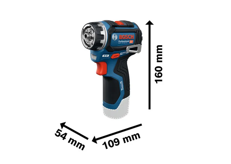Bosch GSR 12V-35 FC コードレス ドリル ドライバーの寸法。