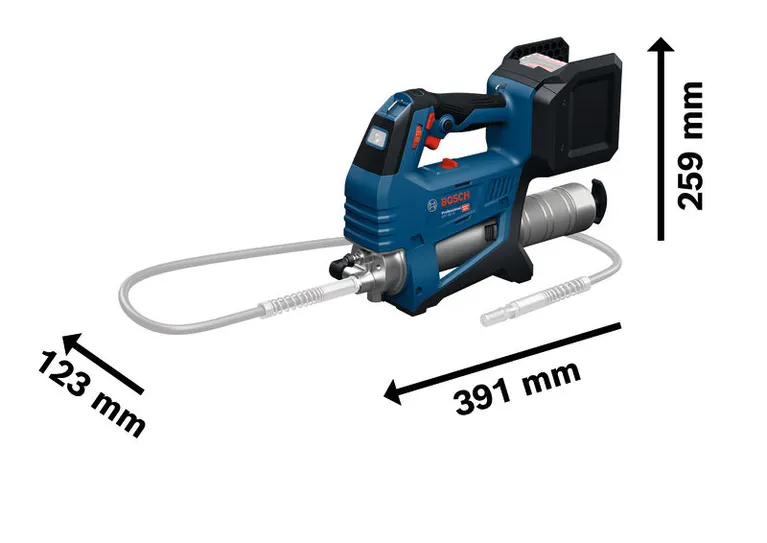 Bosch GFP 18V-10 コードレス グリース ガンの寸法を示します。.