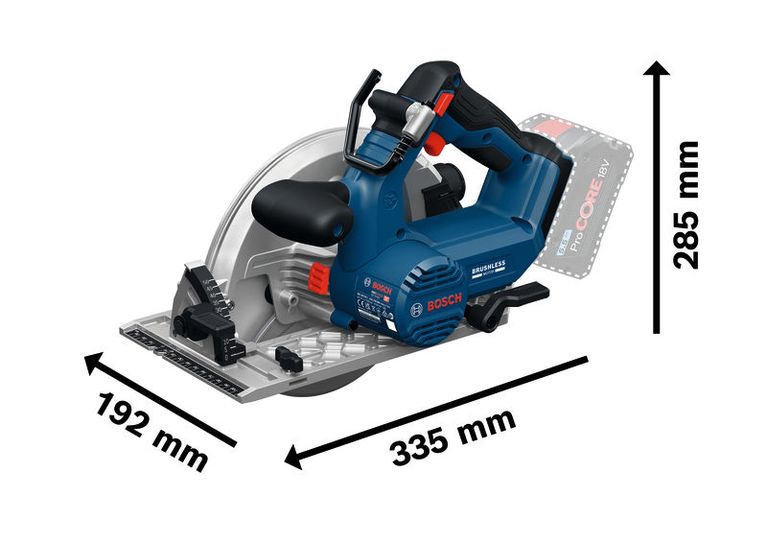 BoschGKS 18V-68-2 コードレス丸ノコのサイズと寸法。