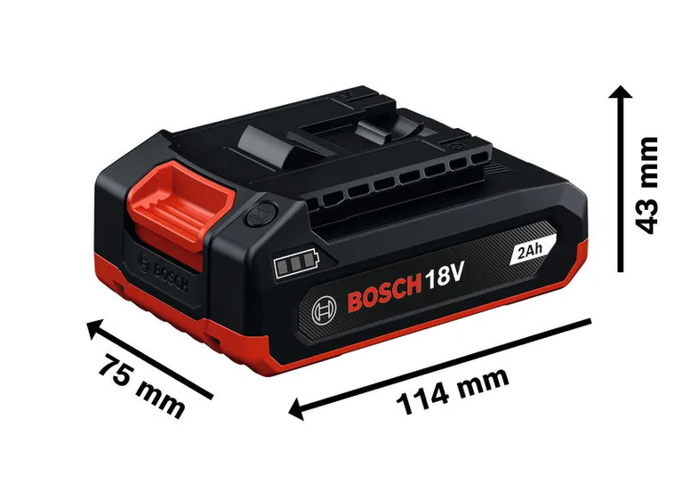 Bosch 18V 2Ah バッテリー パックの寸法。