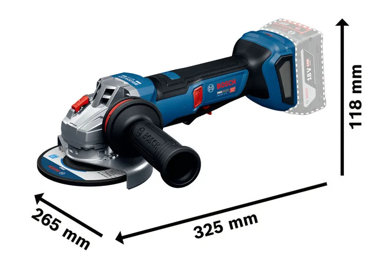 Bosch GWS18V-11PS アングルグラインダーの寸法を示します。.