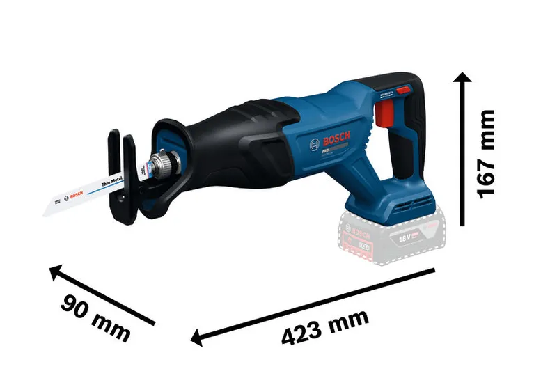Bosch GSA18V-280 コードレスレシプロソー、長さ 423 mm。